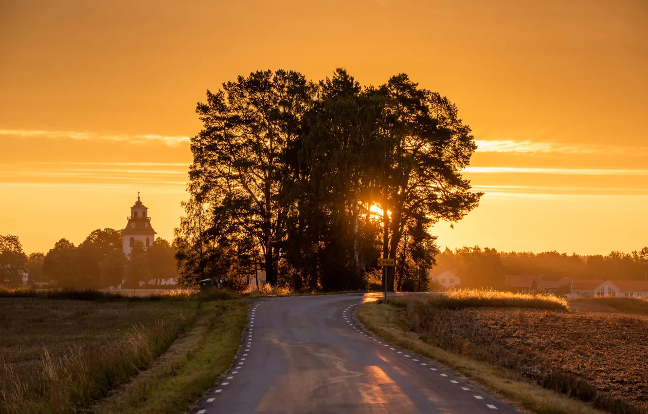 Photo wallpaper road, trees, sunrise, dawn, morning, Church, Sweden
