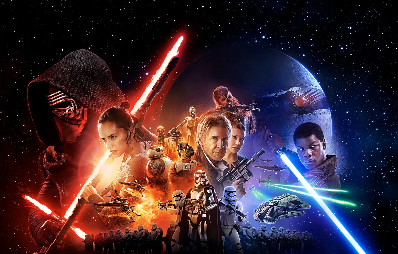 Photo wallpaper star wars, attack, star wars, Han solo, Harrison Ford, R2-D2, Finn, Finn