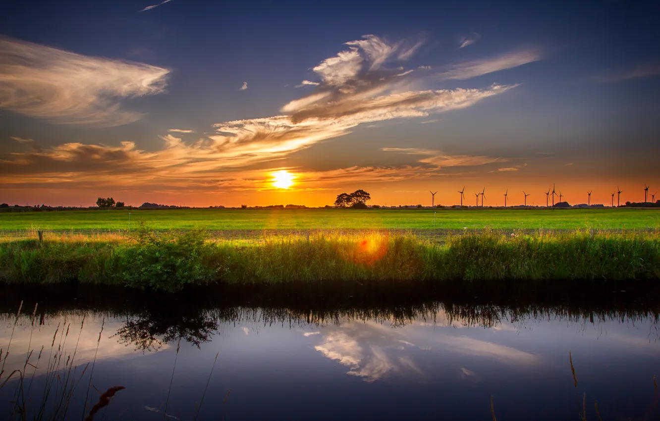 Photo wallpaper field, the sky, sunset, lake, sky, field, sunset, lake