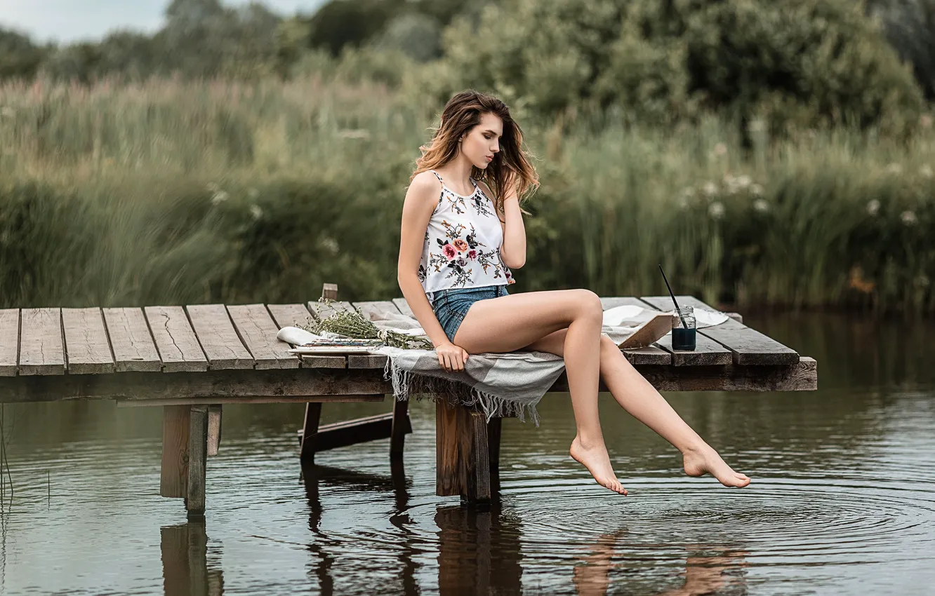 Photo wallpaper summer, water, girl, nature, pose, river, shorts, legs