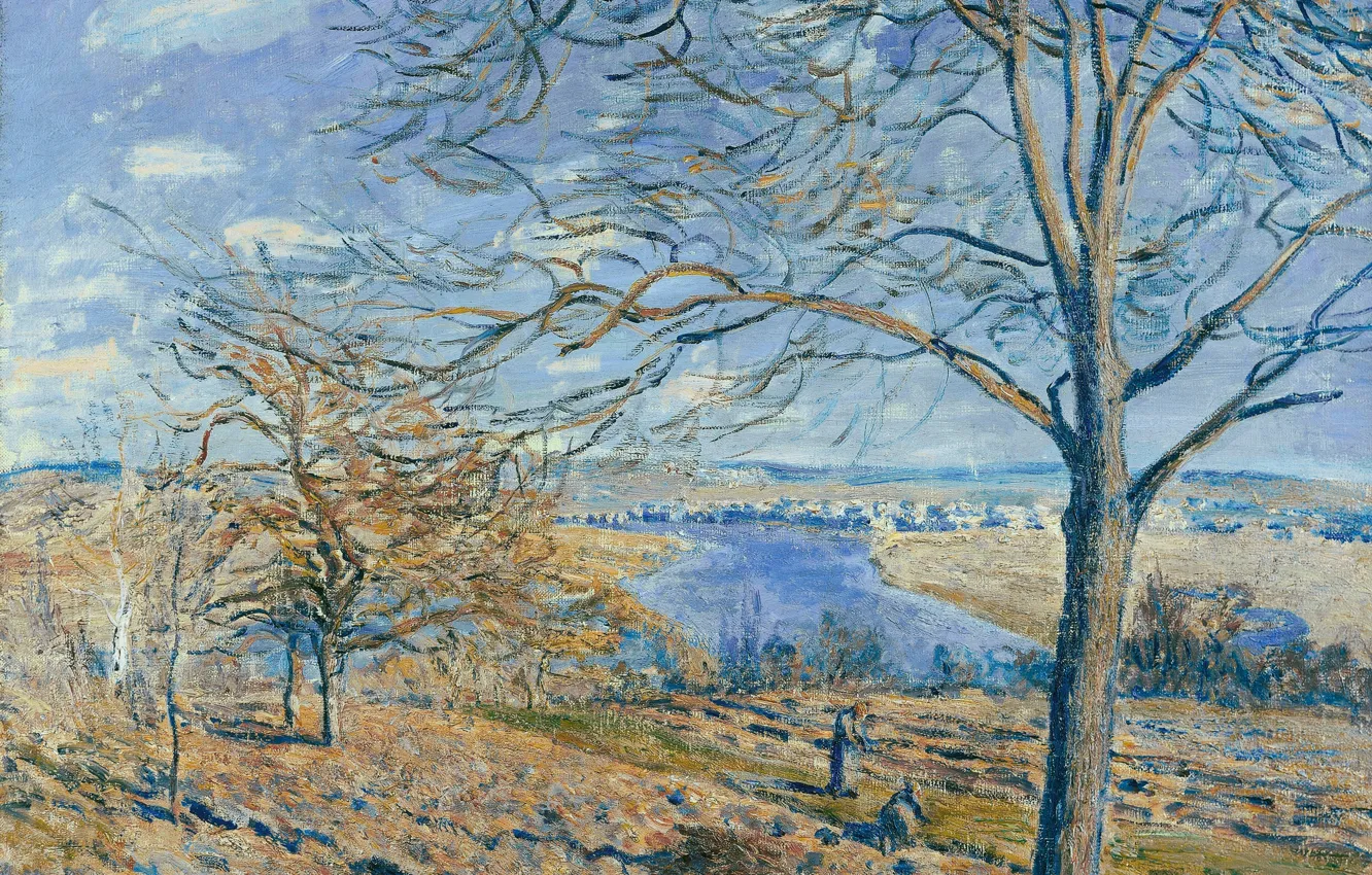 Photo wallpaper trees, landscape, nature, river, picture, Alfred Sisley, Alfred Sisley, The Banks Of The Luena. Autumn