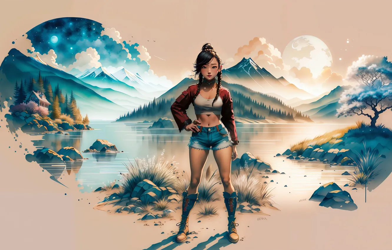 Photo wallpaper girl, asian, mountains, art
