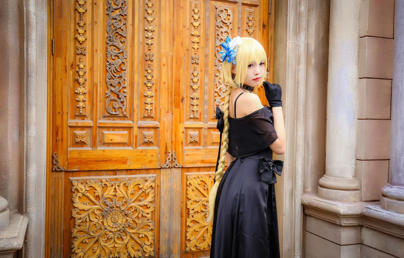 Photo wallpaper pose, the door, Asian, black dress, cosplay, cute girl