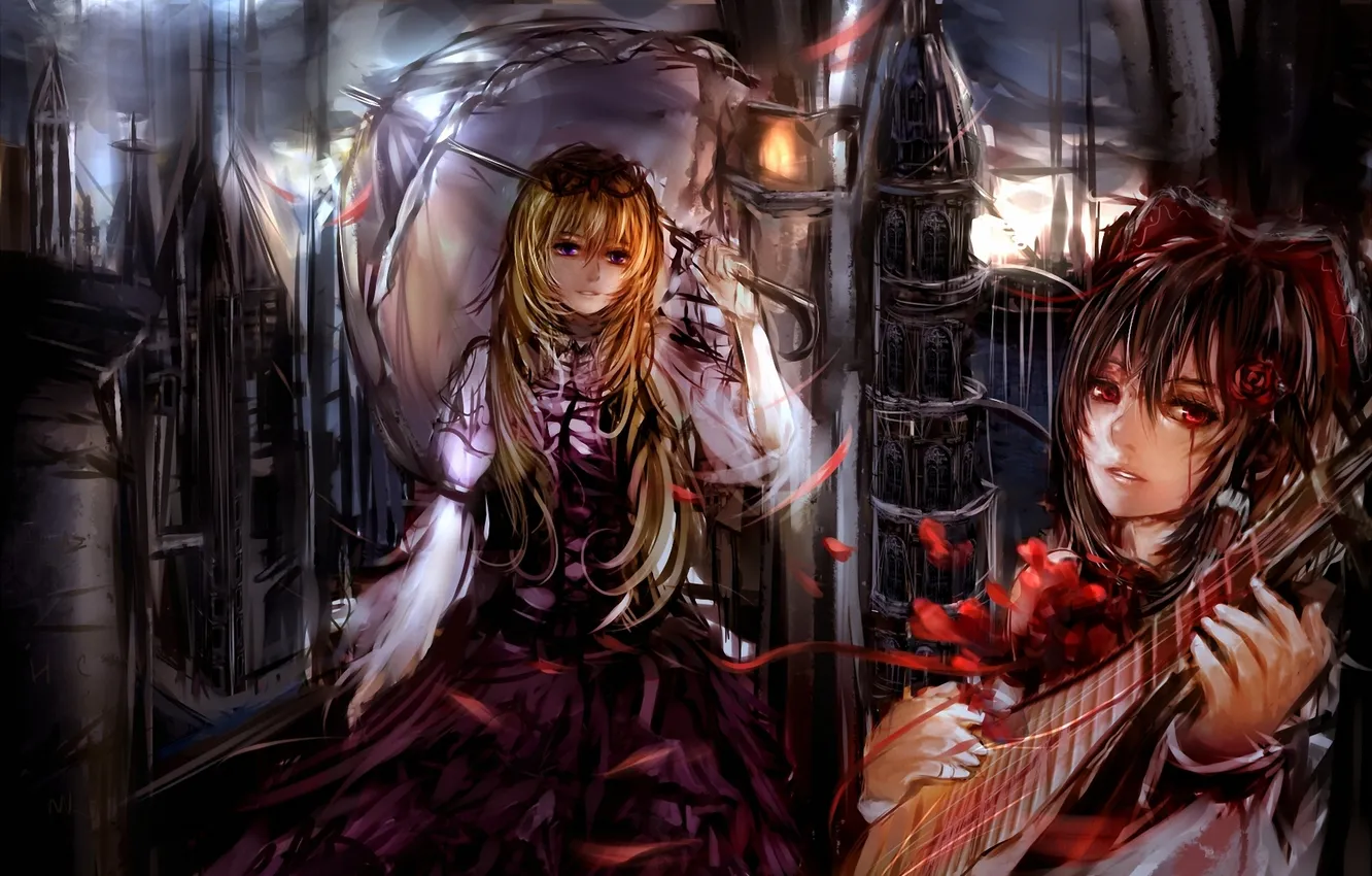 Photo wallpaper girl, the city, umbrella, castle, umbrella, art, tape, bow