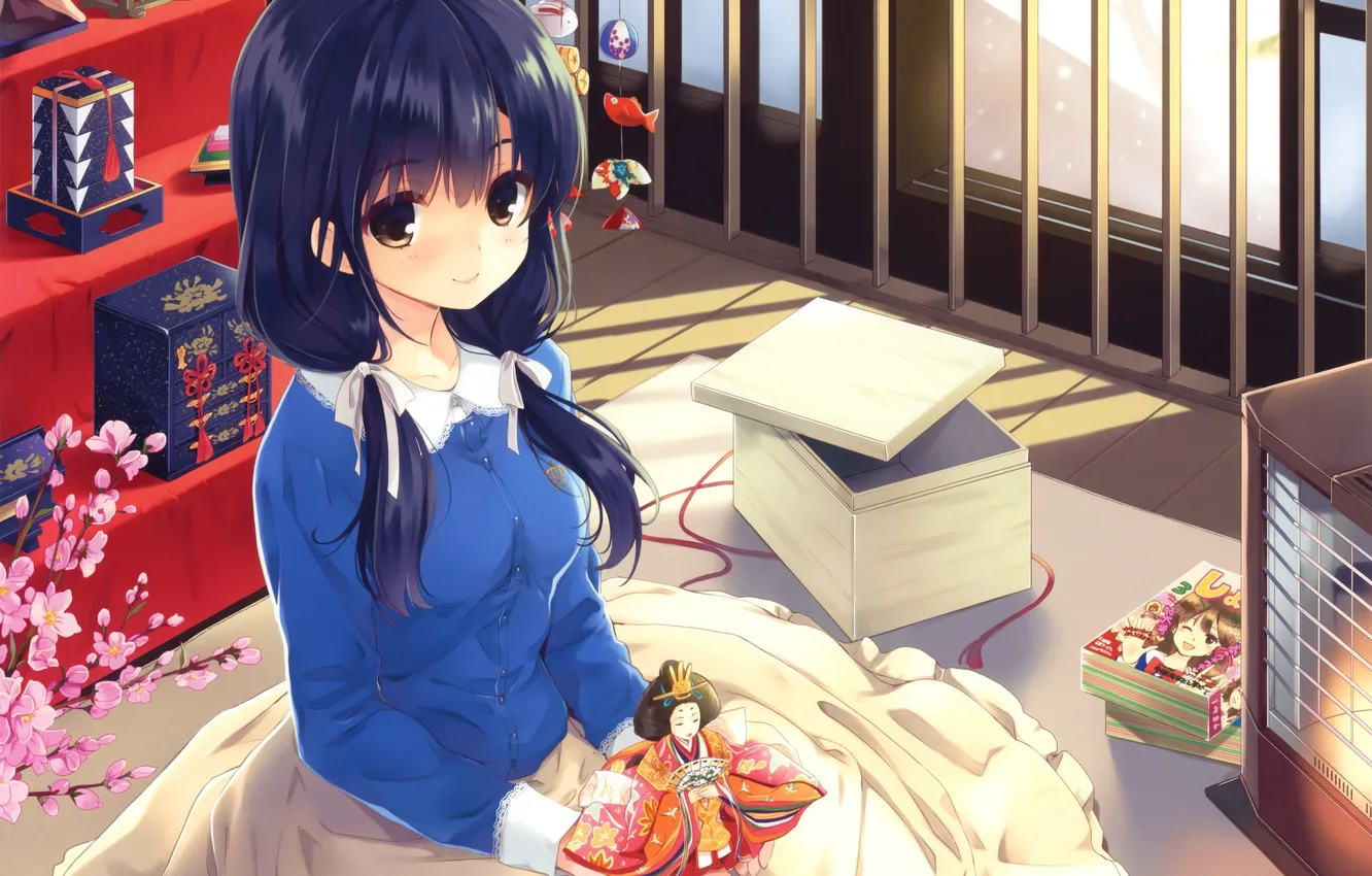 Photo wallpaper girl, room, box, doll, art, sitting, sakura koharu