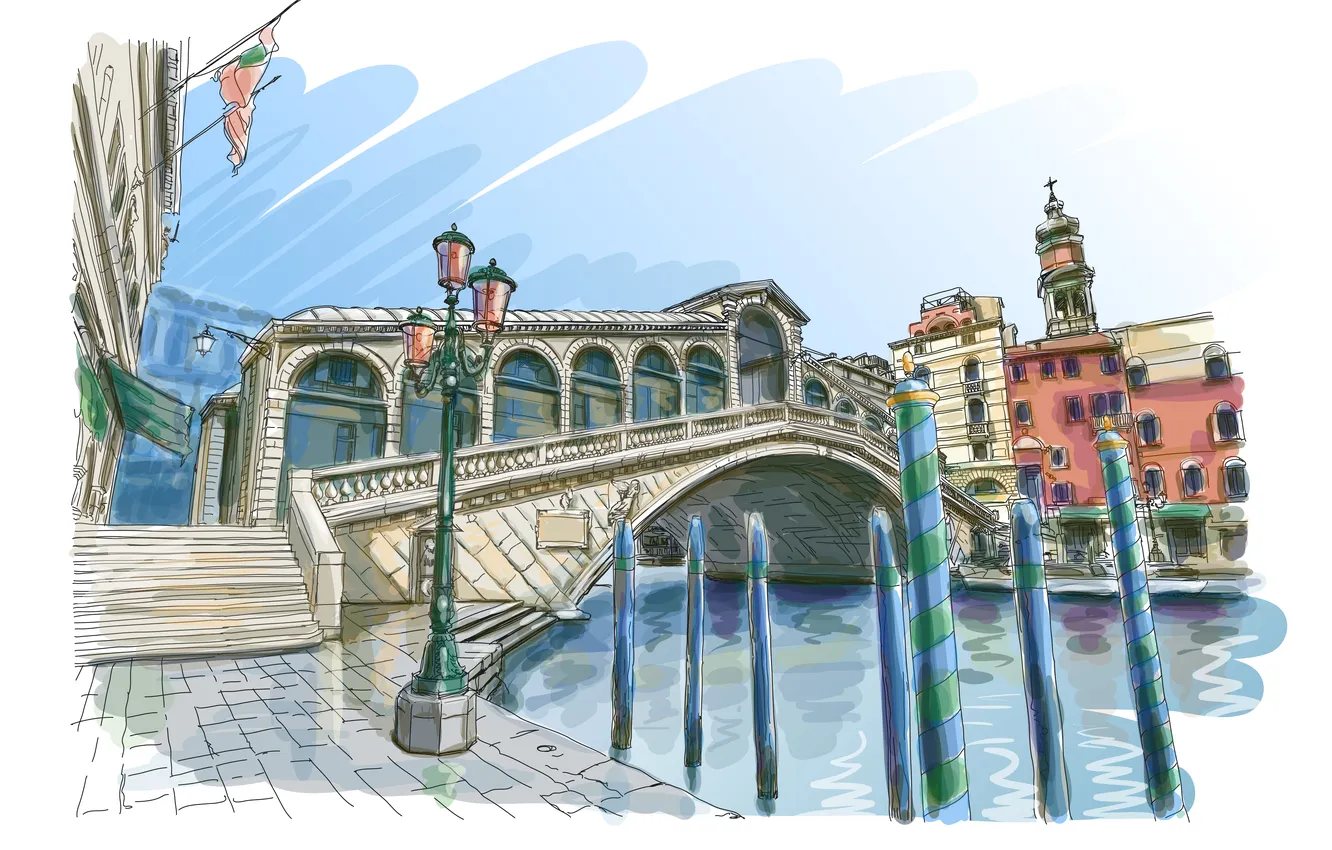 Photo wallpaper bridge, art, ladder, lantern, Venice, channel