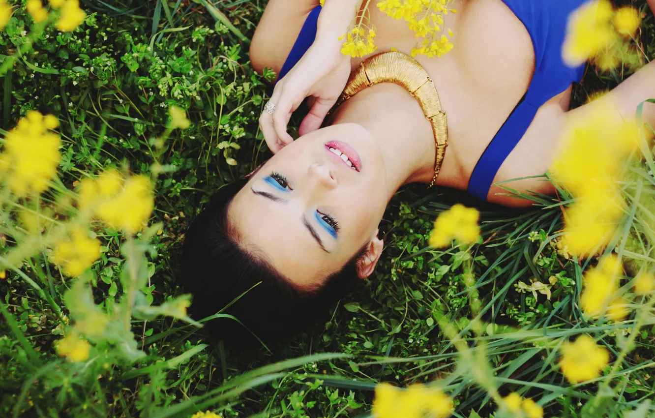 Photo wallpaper summer, girl, flowers, pose, lies