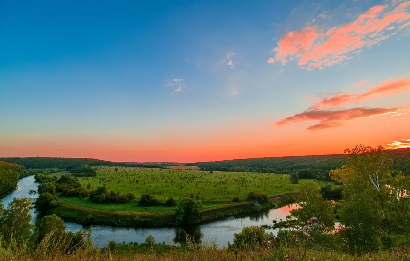 Photo wallpaper field, clouds, sunset, river, Russia, red sky, Tula