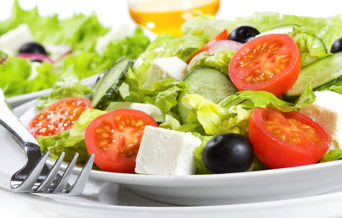 Photo wallpaper cheese, bow, plate, plug, tomatoes, cucumbers, salad, olives