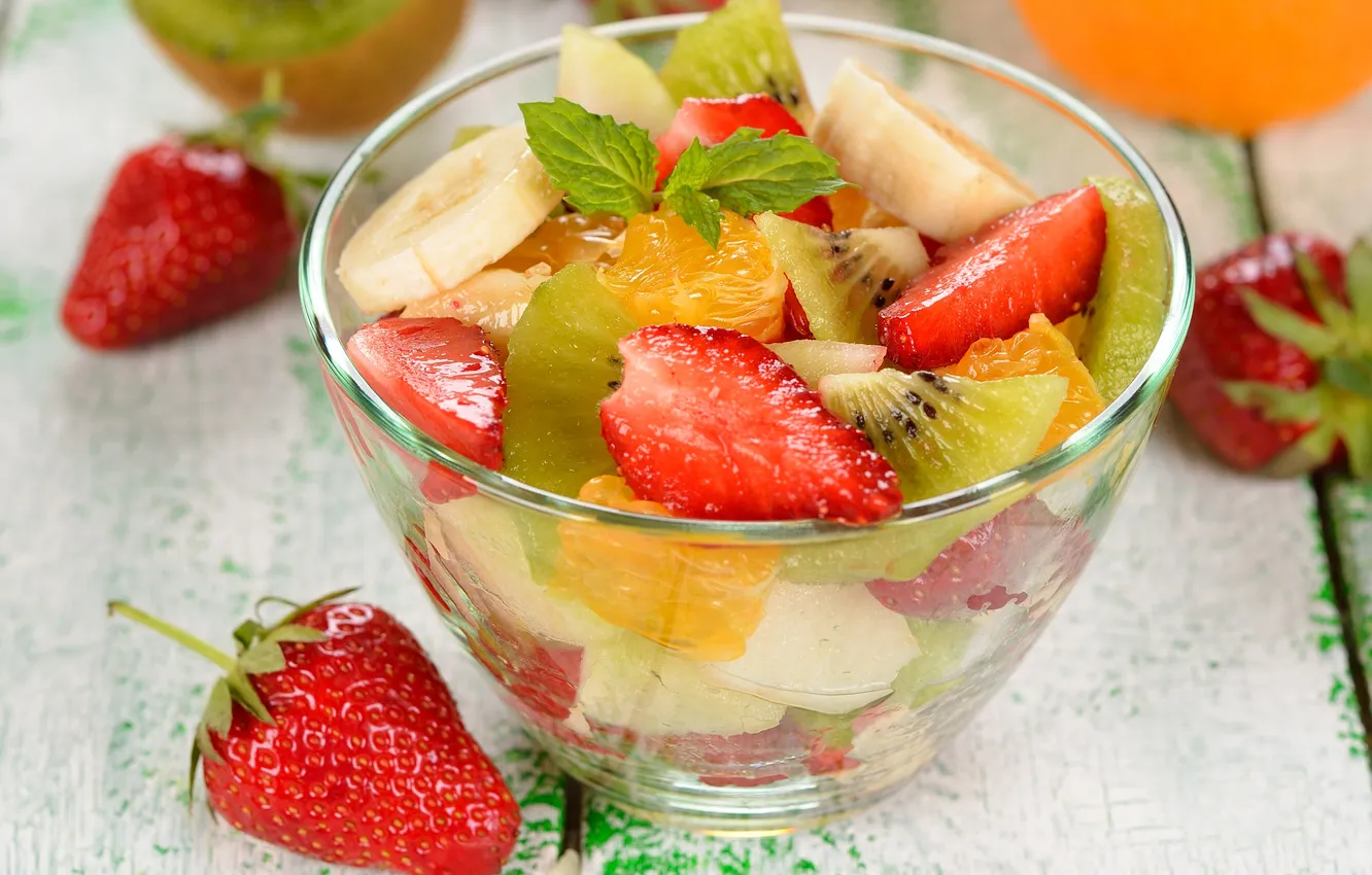 Photo wallpaper orange, kiwi, strawberry, bananas, mint, salad