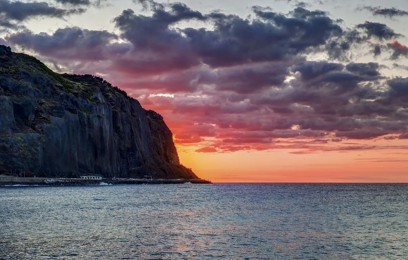 Photo wallpaper sea, landscape, sunset, mountains