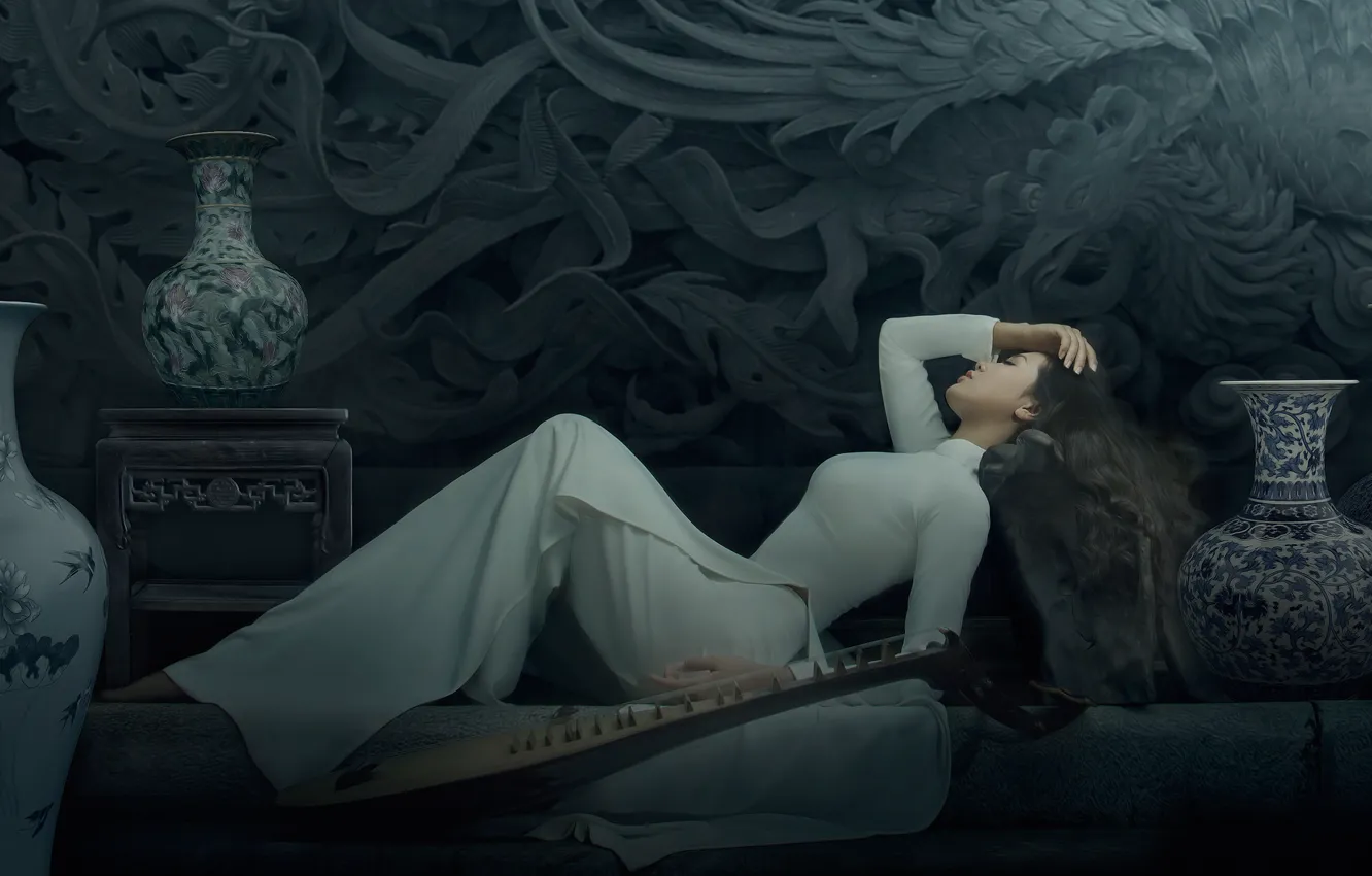 Photo wallpaper white, girl, pose, style, background, model, hair, hands