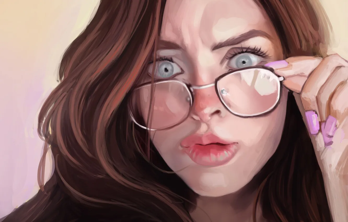Photo wallpaper girl, face, hair, surprise, art, glasses, brown hair