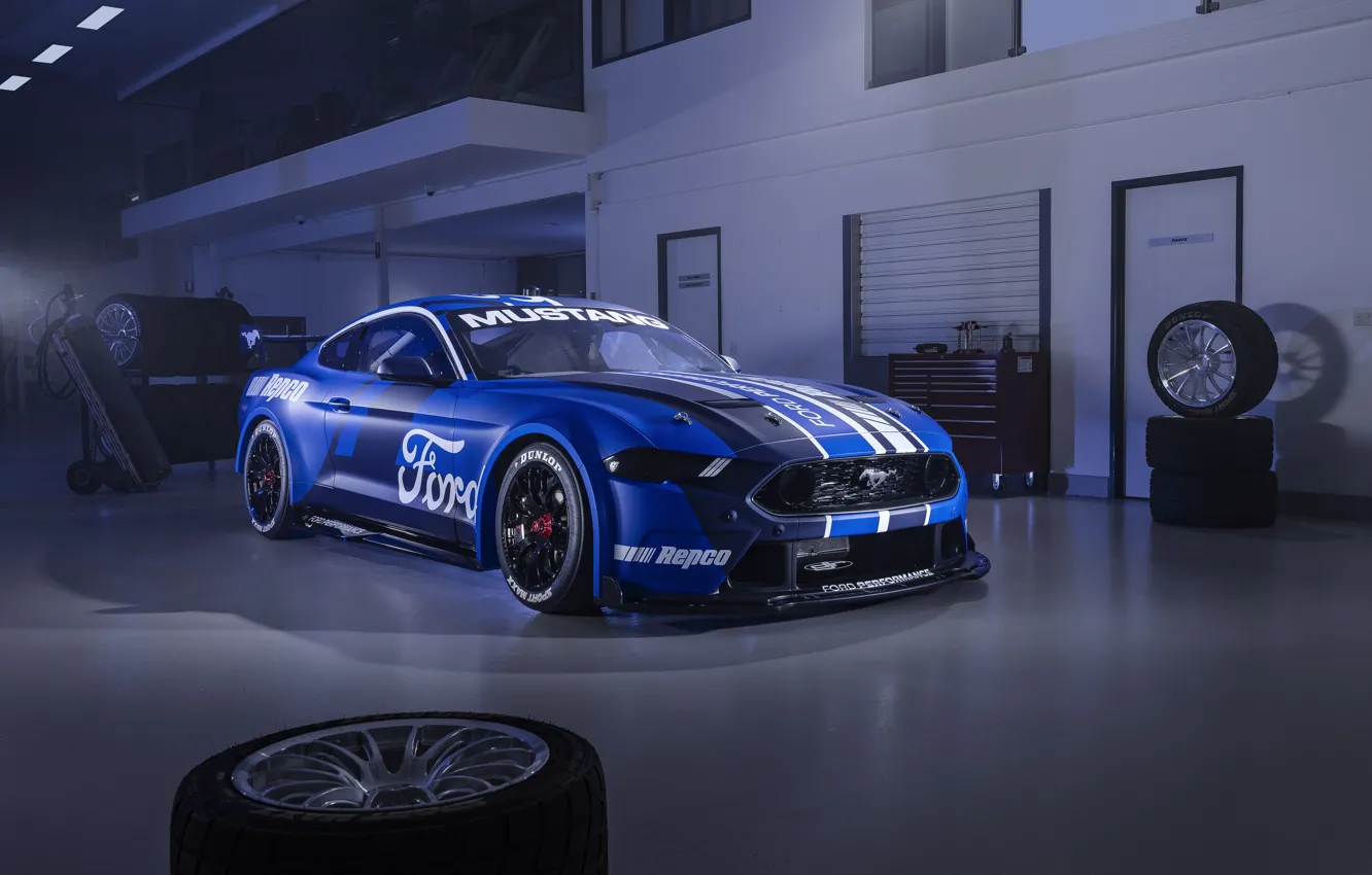 Photo wallpaper Mustang, Ford, Blue, Front, 2021, Ford Mustang GT Supercar, GT Supercar