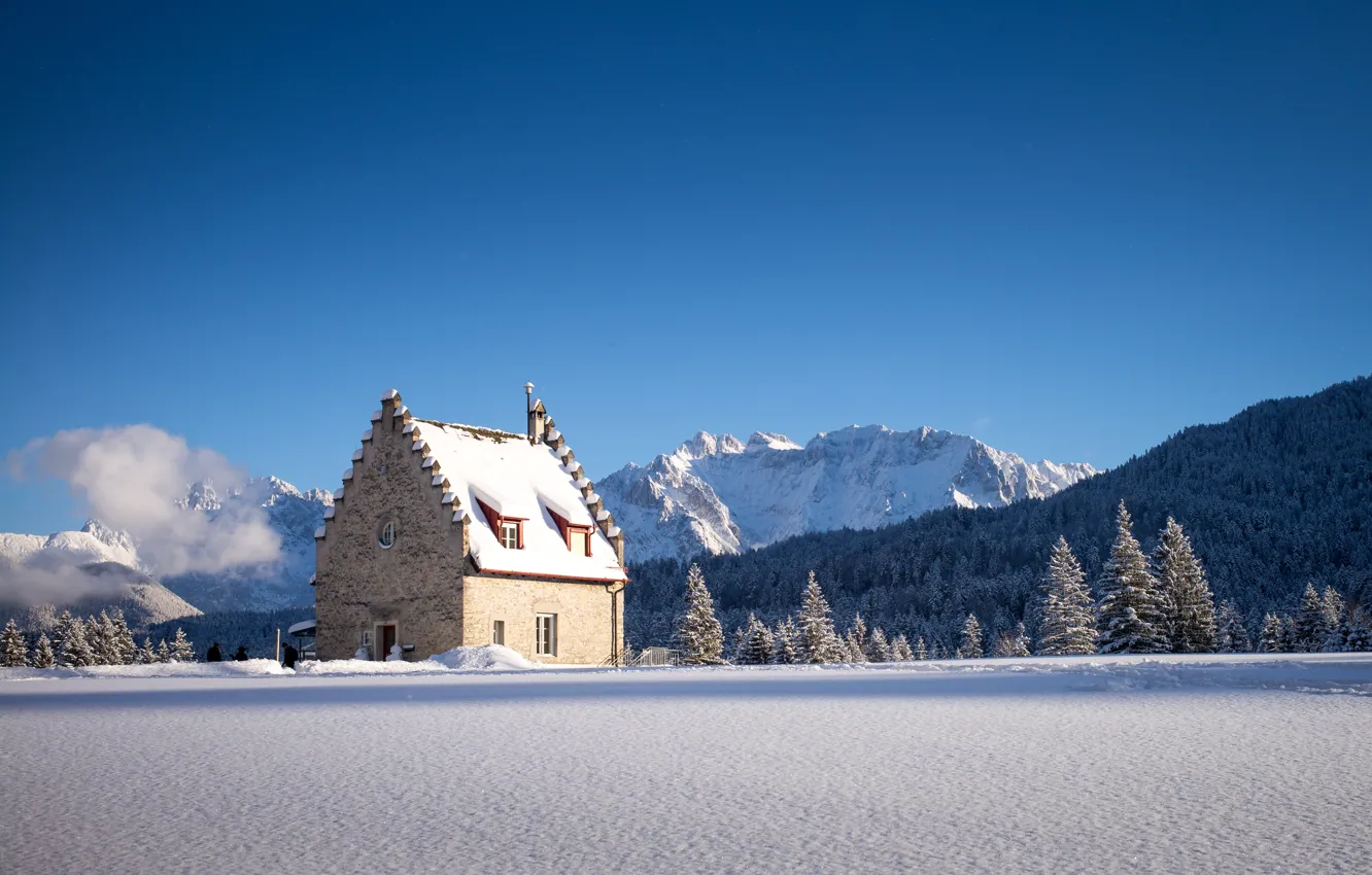 Photo wallpaper winter, forest, snow, mountains, house, Germany, Bayern, Kranzbach