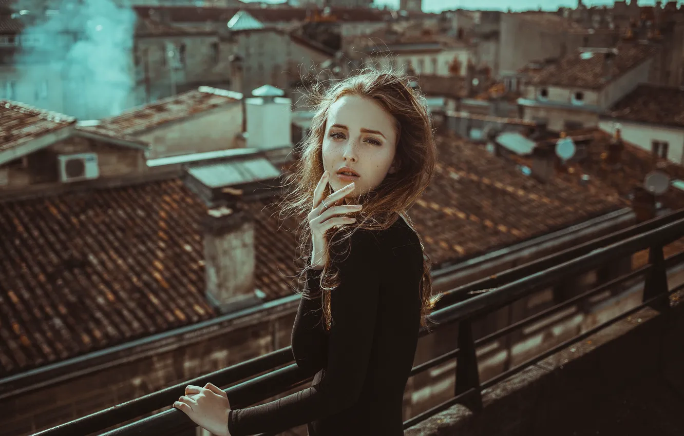 Photo wallpaper roofs, cityscape, wind, smoke, girl, hair