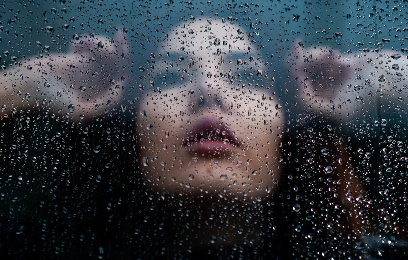 Photo wallpaper girl, glass, wet, water, drops, Sight