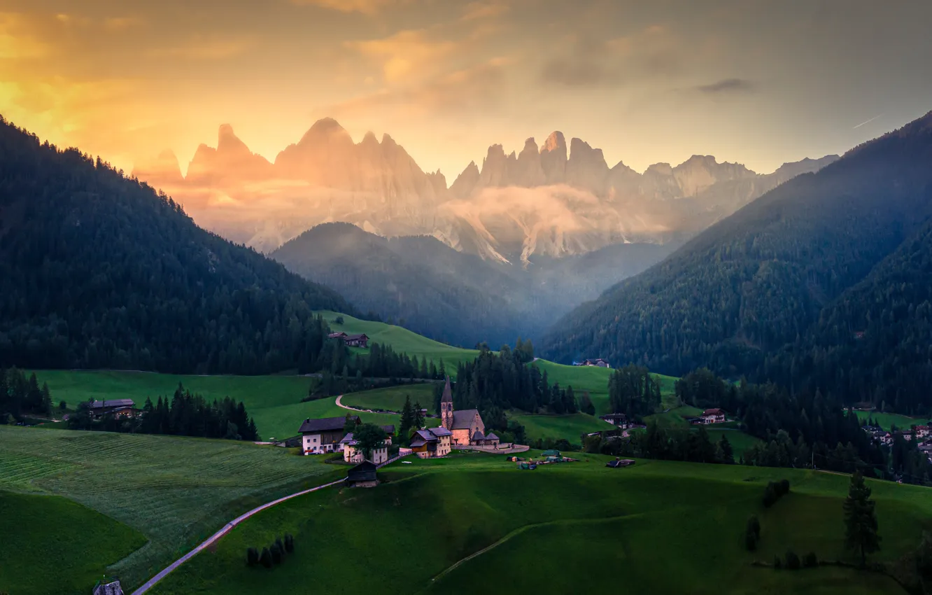 Photo wallpaper forest, mountains, Alps, Church