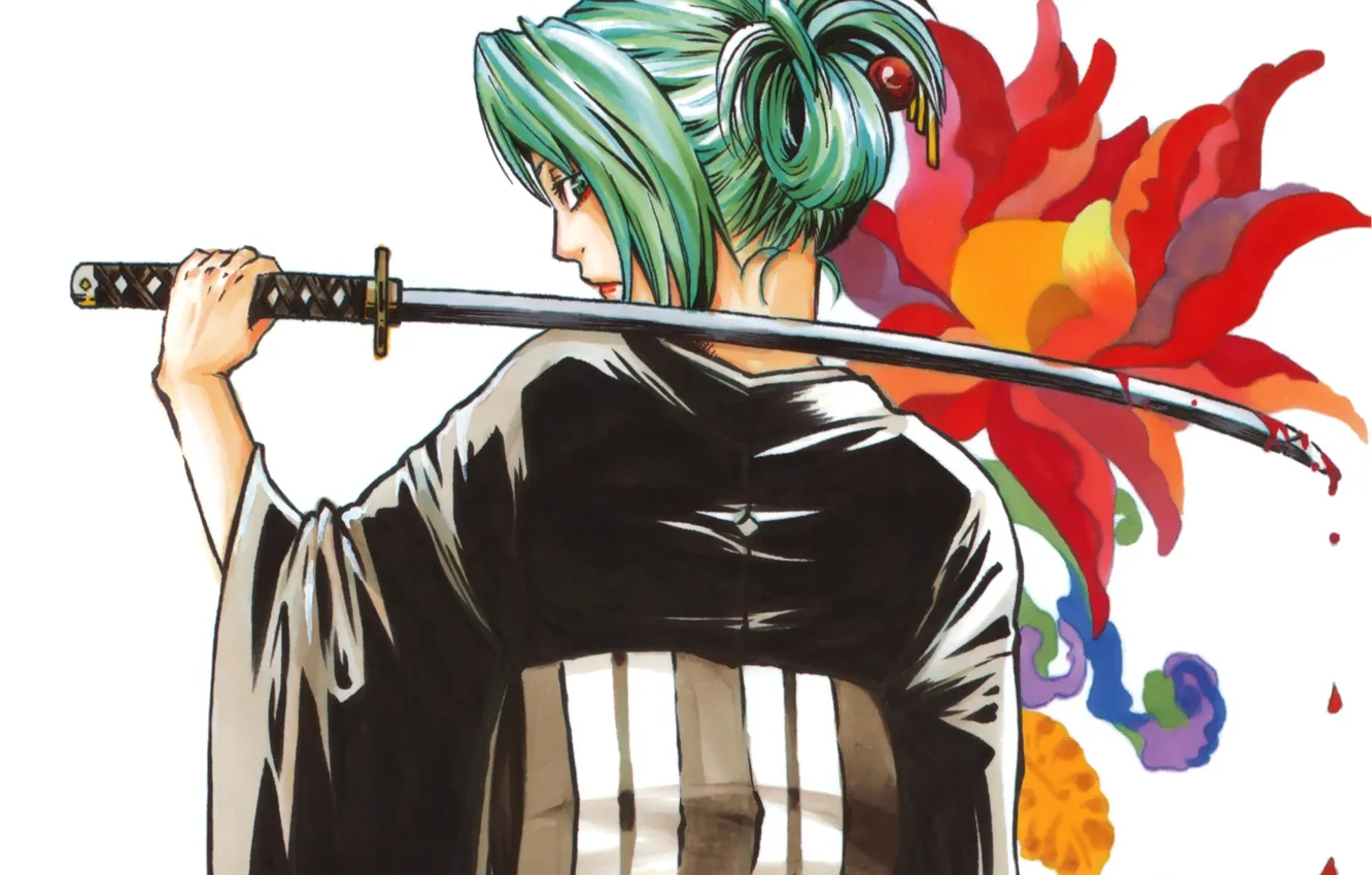 Photo wallpaper blood, katana, white background, yukata, When the cicadas cry, Shion Sonozaki, higurashi after nearly even