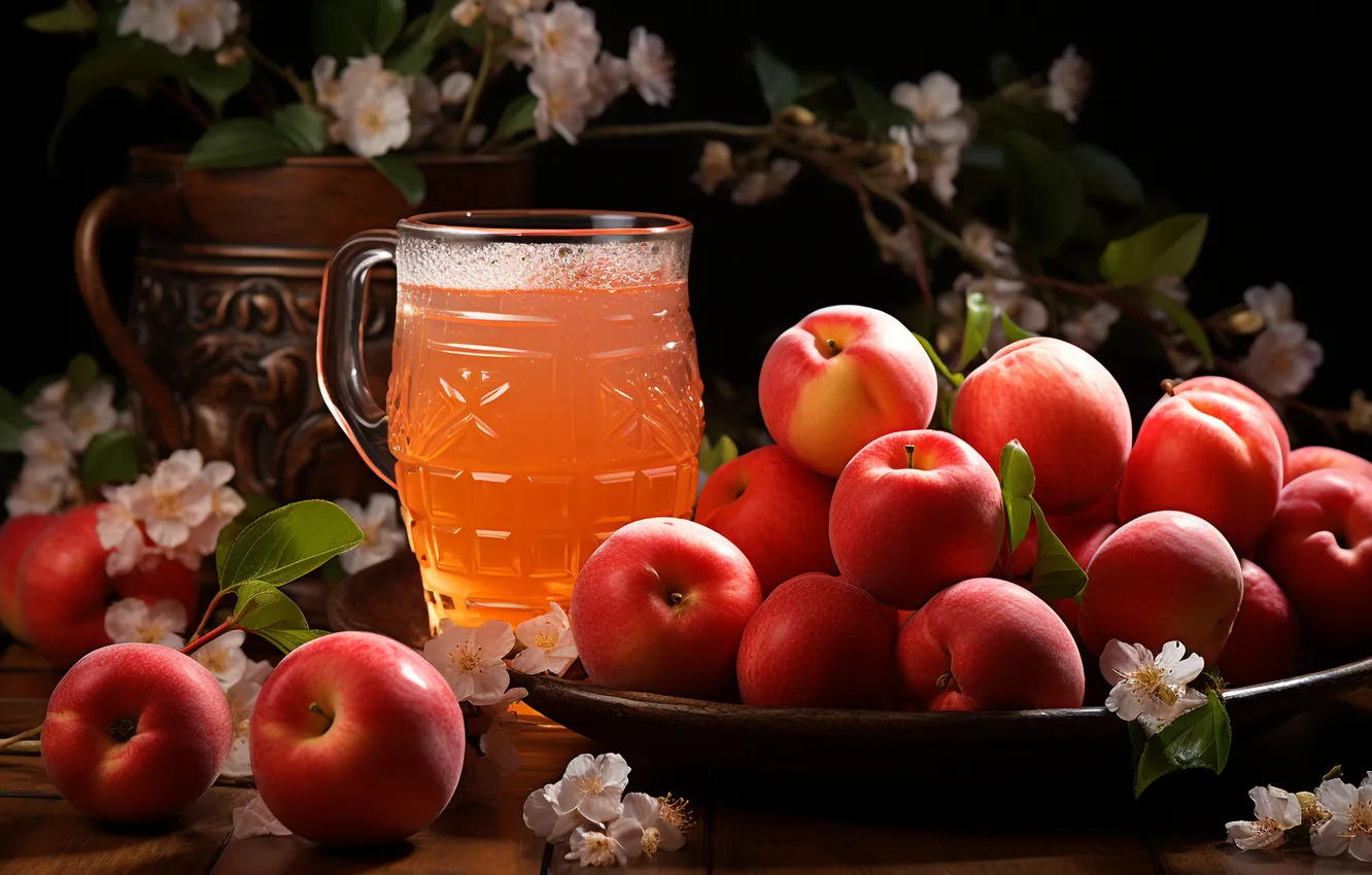 Photo wallpaper apples, mug, drink, still life, Apple, cider, AI art, neural network