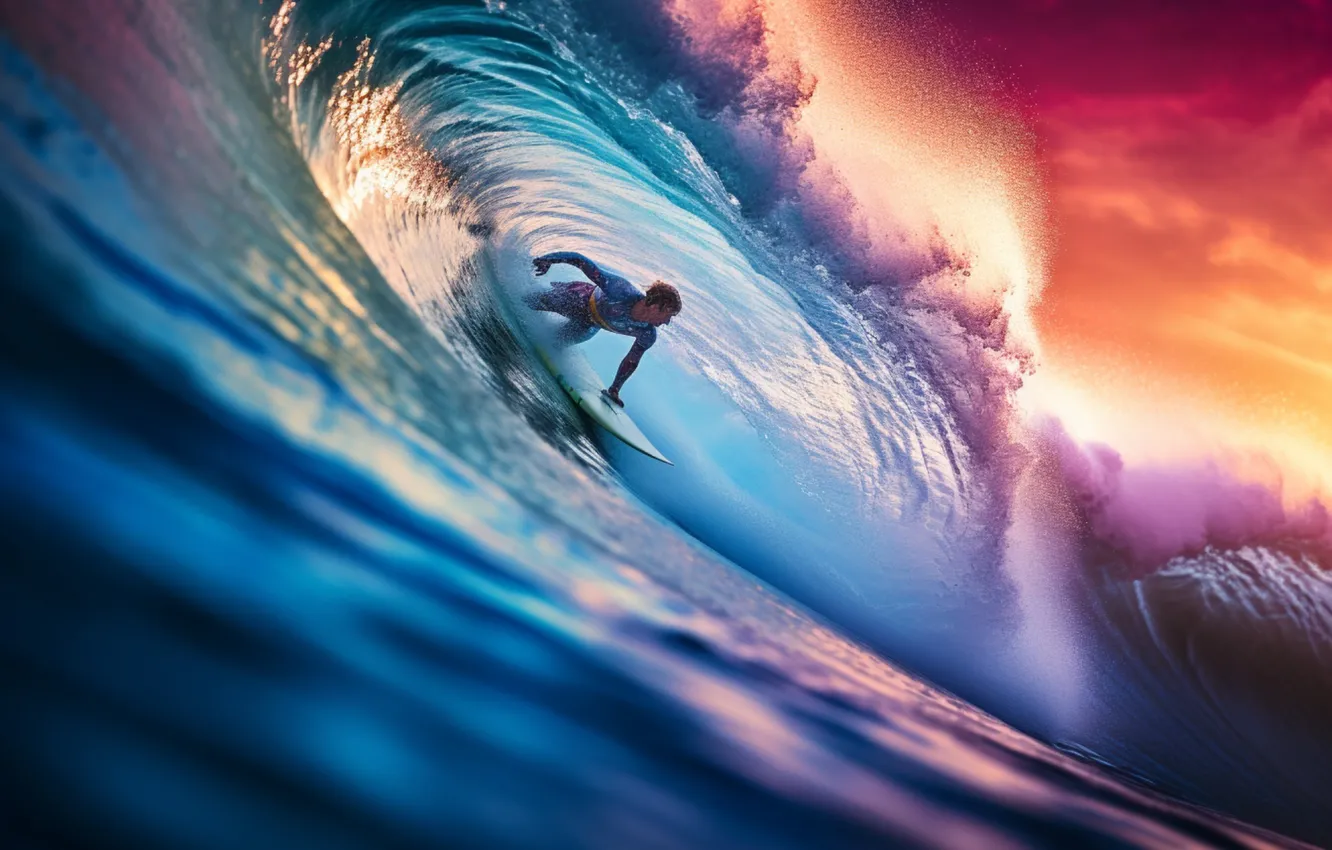 Photo wallpaper sunsets, man, surfer, Catching, big wave