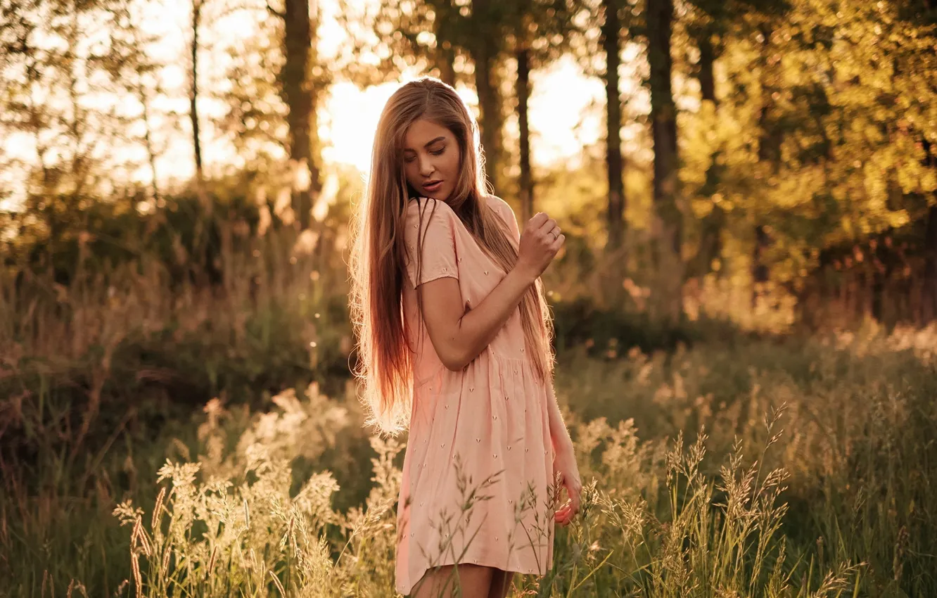 Photo wallpaper grass, the sun, trees, nature, dress, hairstyle, brown hair, bokeh