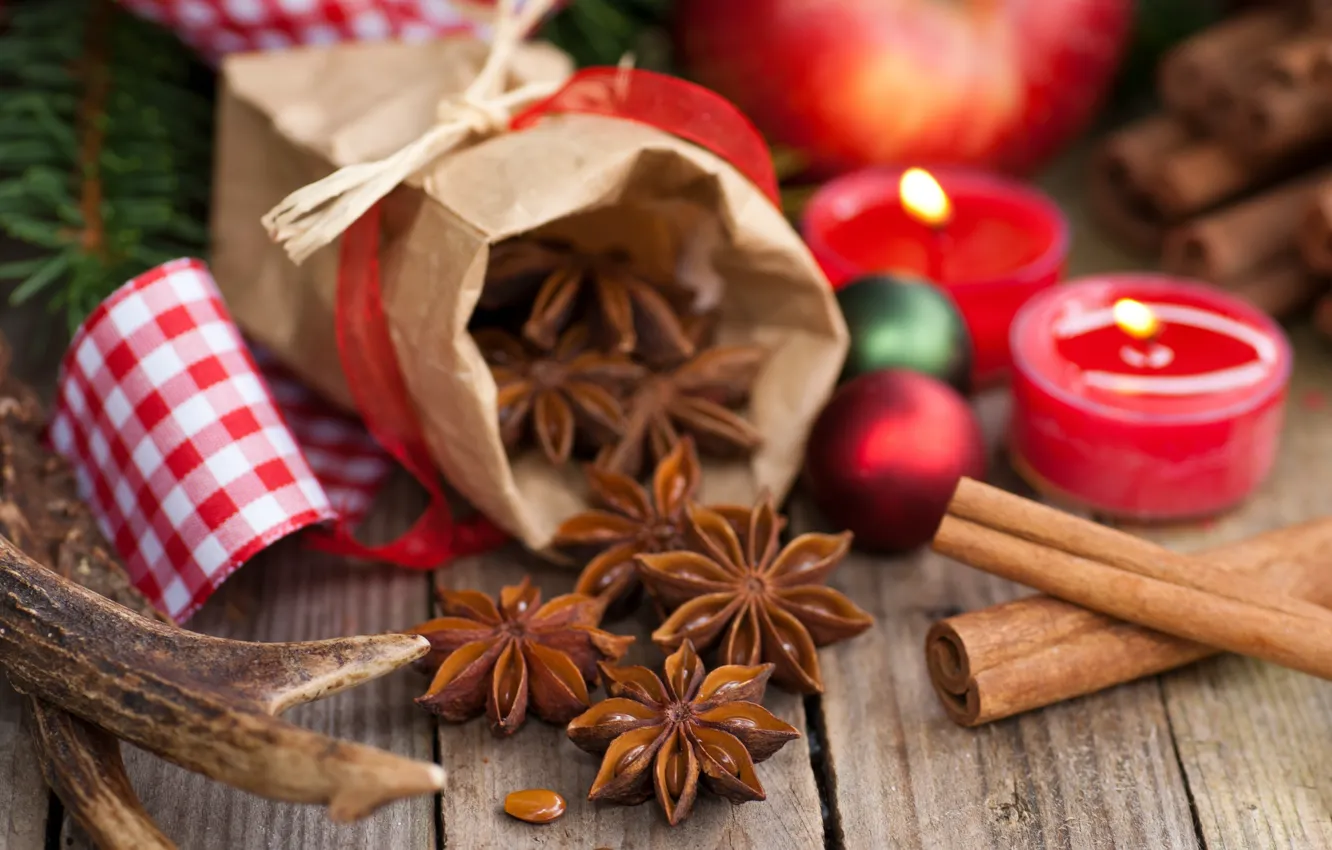 Photo wallpaper balls, sticks, candles, cinnamon, holidays, spices, Christmas, pouch