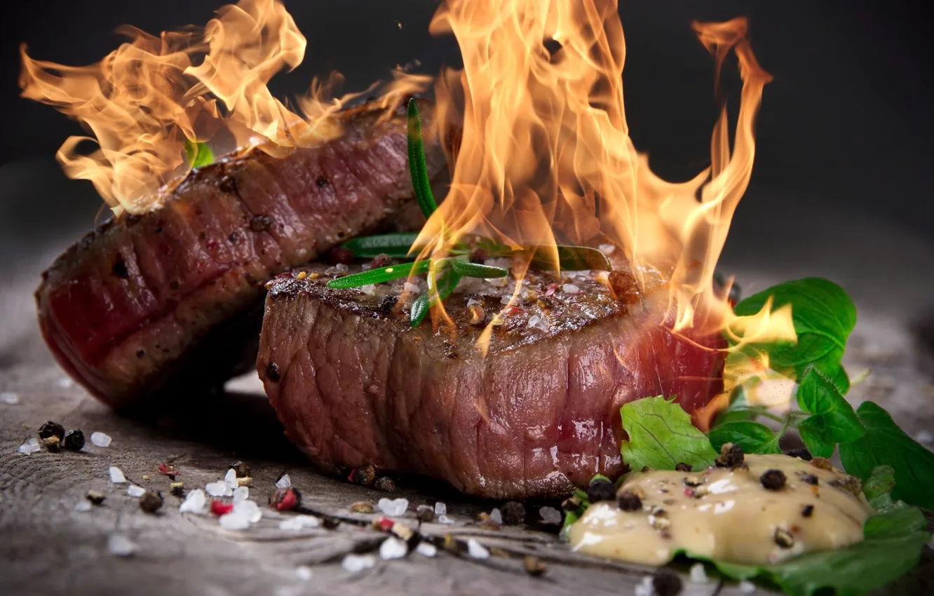 Photo wallpaper fire, meat, spices, steak