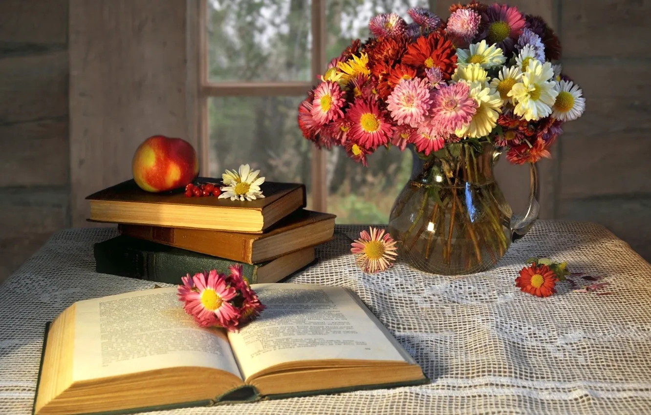Photo wallpaper flowers, table, background, widescreen, Wallpaper, mood, books, Apple