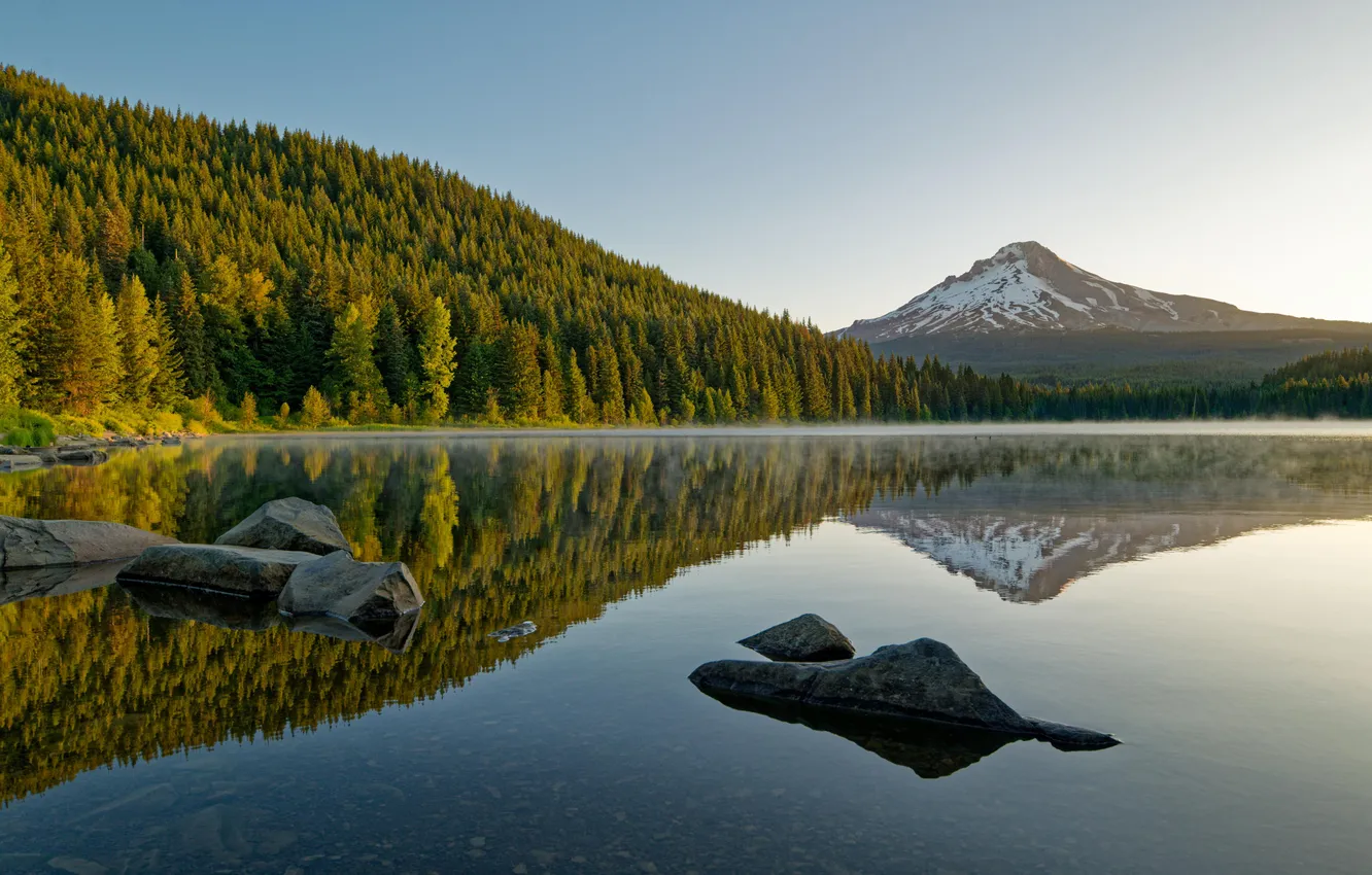 Photo wallpaper forest, the sky, water, trees, lake, reflection, stones, mountain