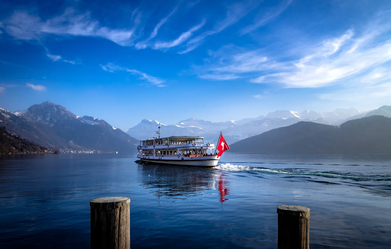 Photo wallpaper mountains, lake, ship