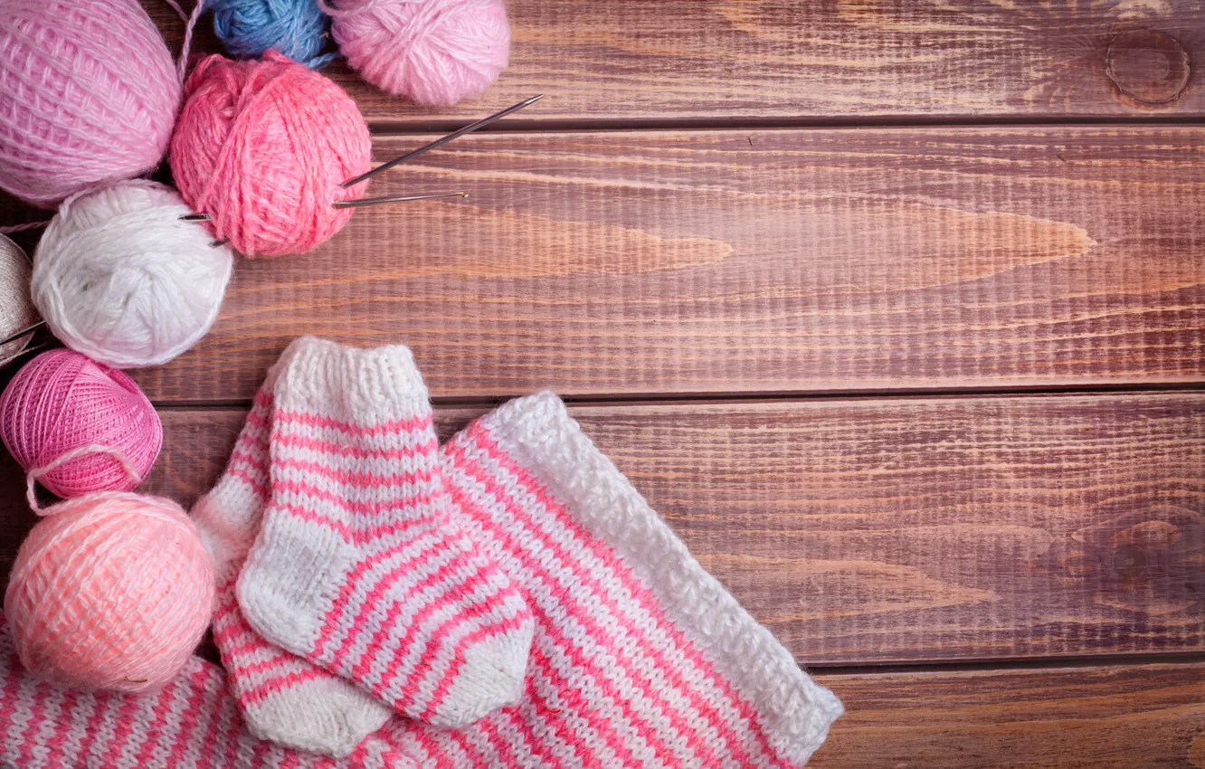 Photo wallpaper tangle, spokes, balls, wooden background, knitting, socks, yarn, knitted thing