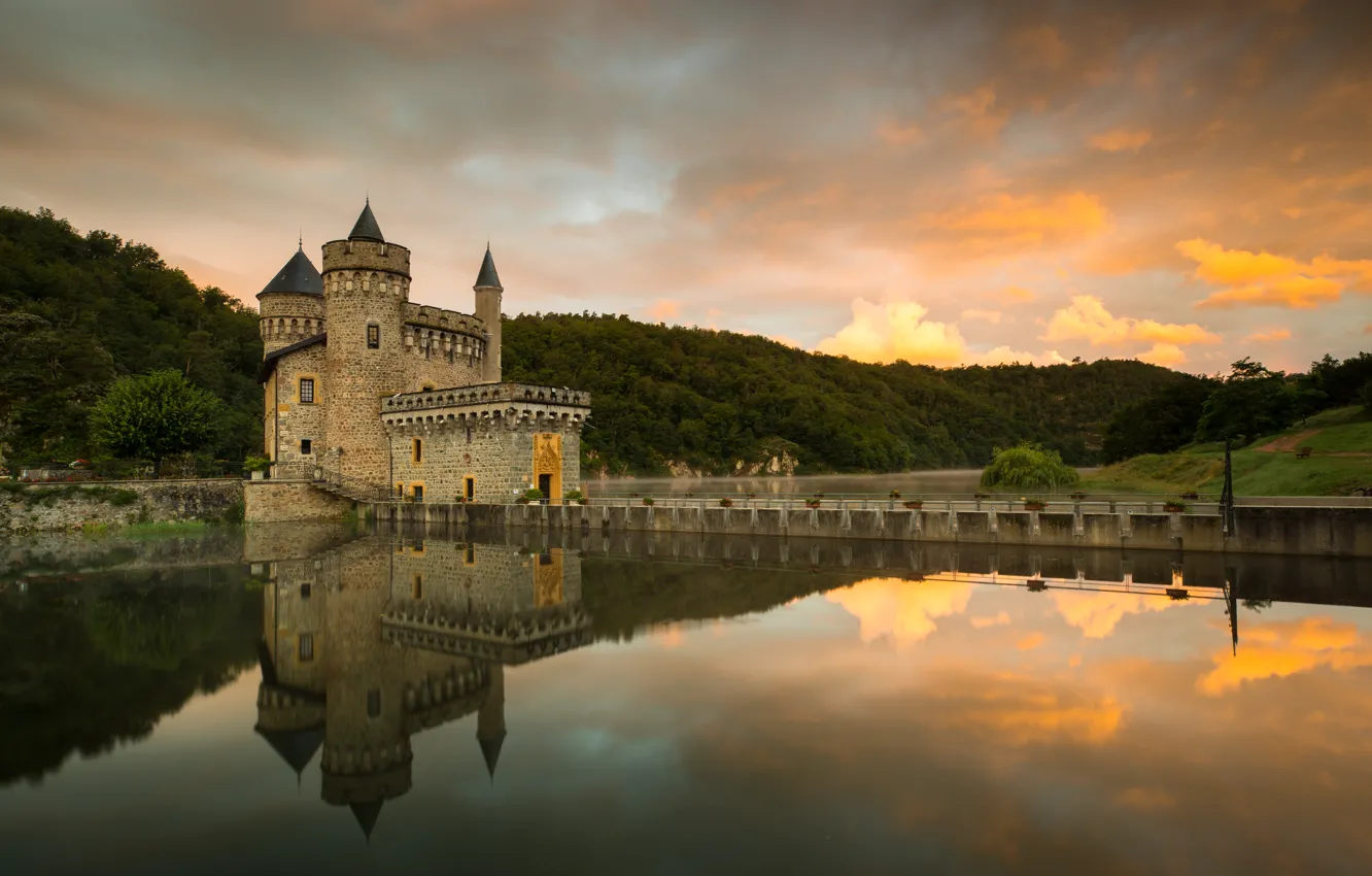 Photo wallpaper sunset, bridge, castle, France, pond
