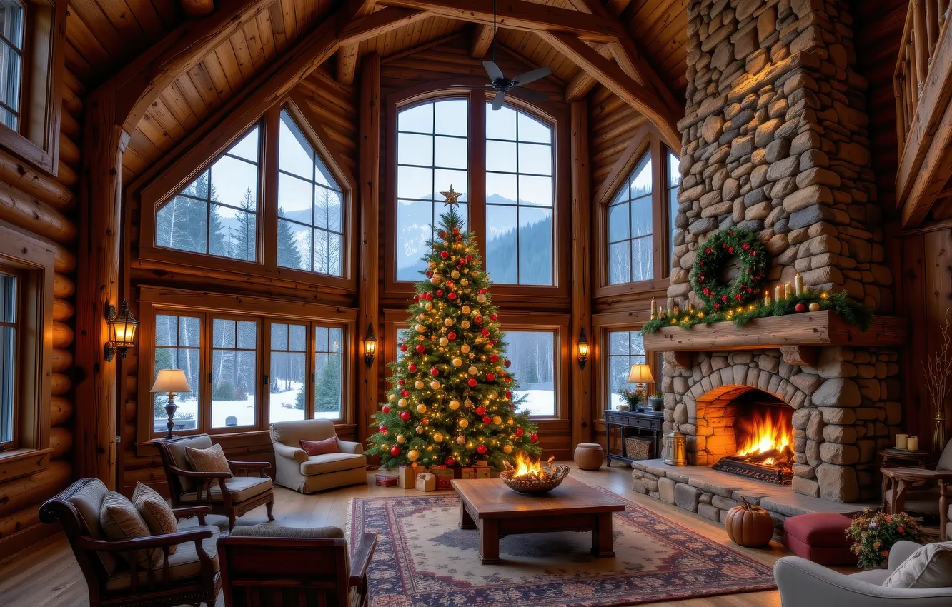 Photo wallpaper winter, balls, snow, room, carpet, furniture, new year, interior