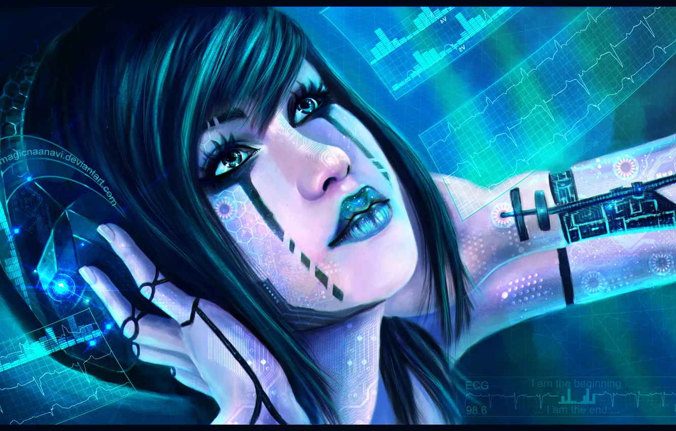 Photo wallpaper look, girl, face, music, fiction, hands, headphones, pulse