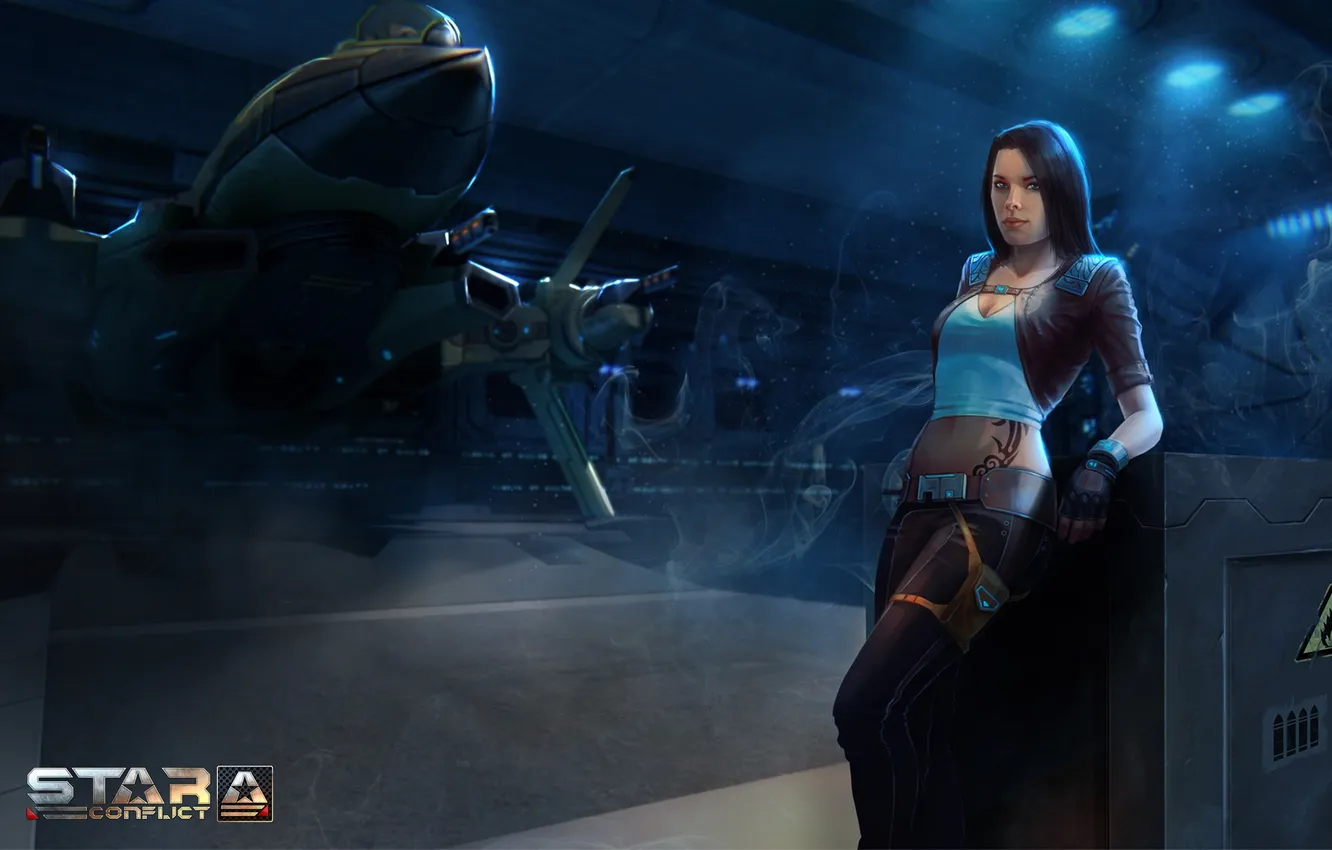 Photo wallpaper smoke, brunette, hangar, tattoo, pilot, attack, spaceship, online