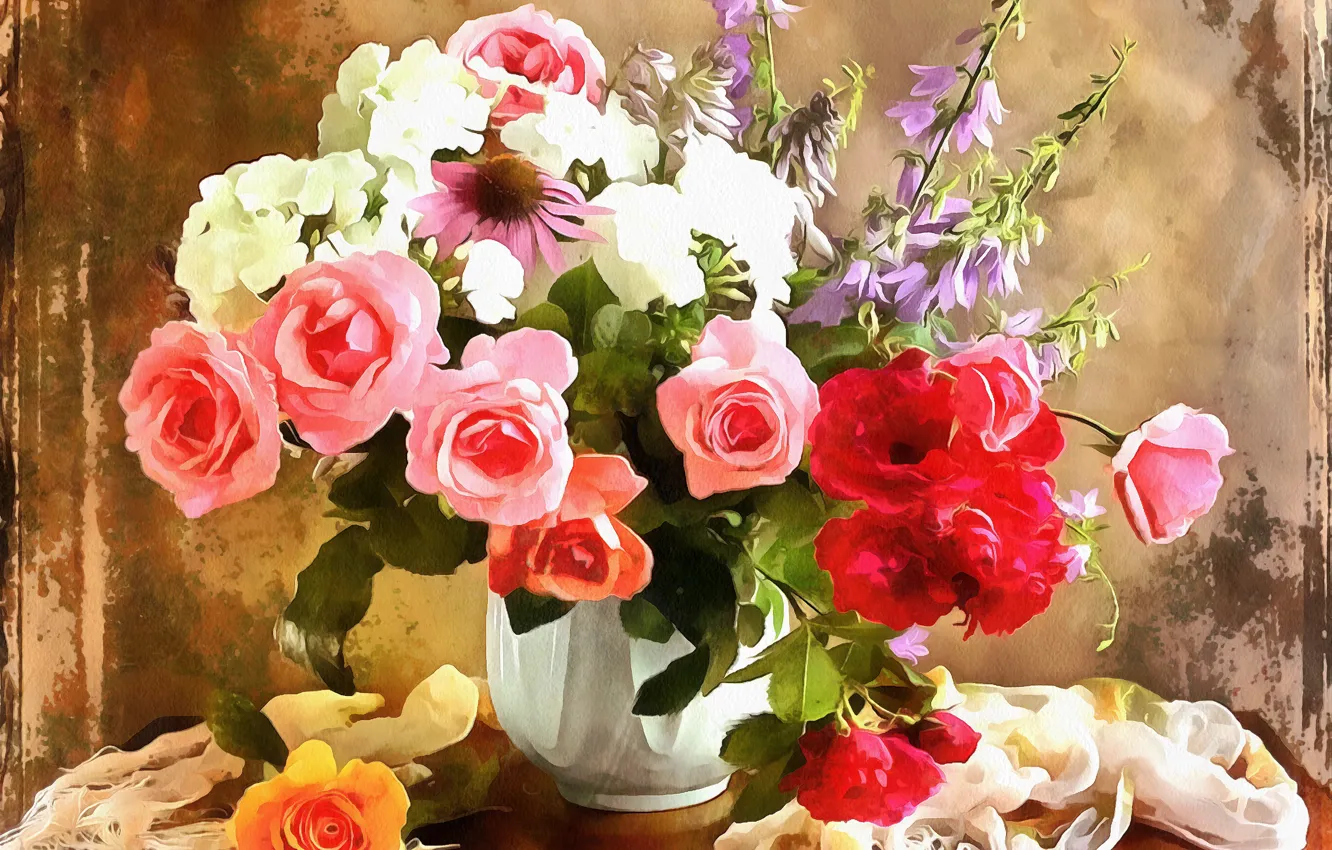 Photo wallpaper flowers, shawl, on the table, Bouquet in a vase