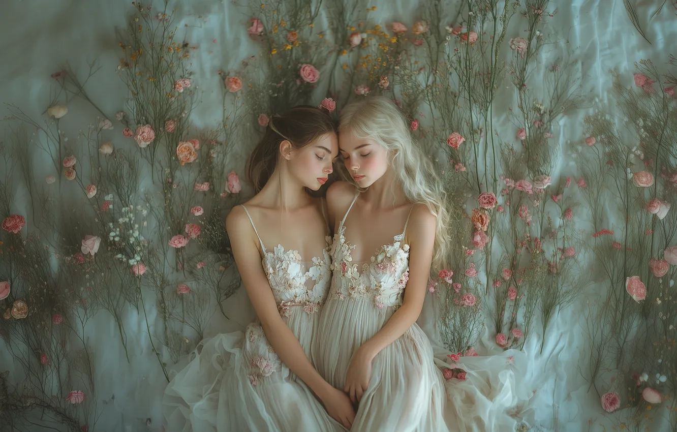 Photo wallpaper flowers, women, brunette, blonde, Caressing, grabbing, Two Women, nervous