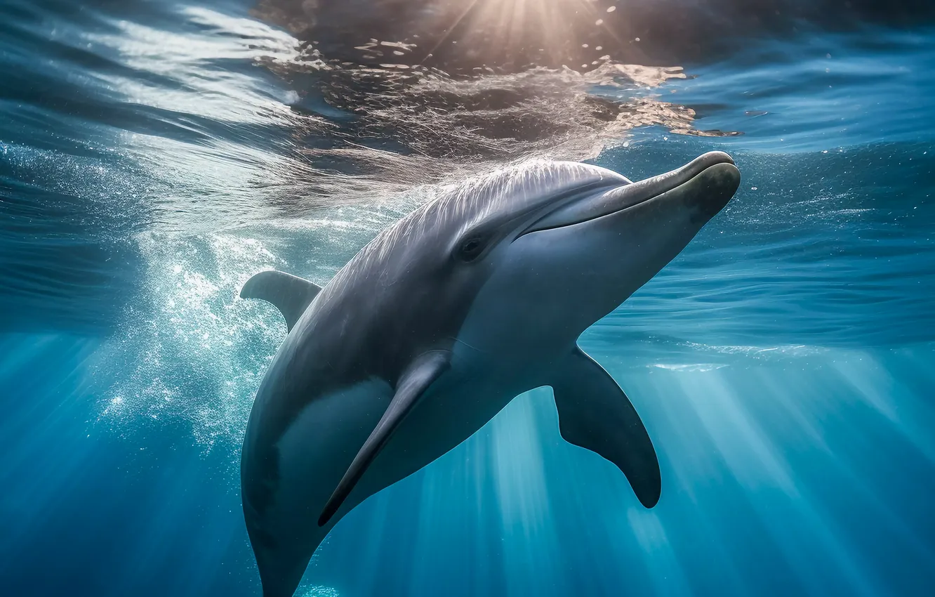 Photo wallpaper the sun, dolphins, underwater world, the rays of the sun, digital art, AI art, The …