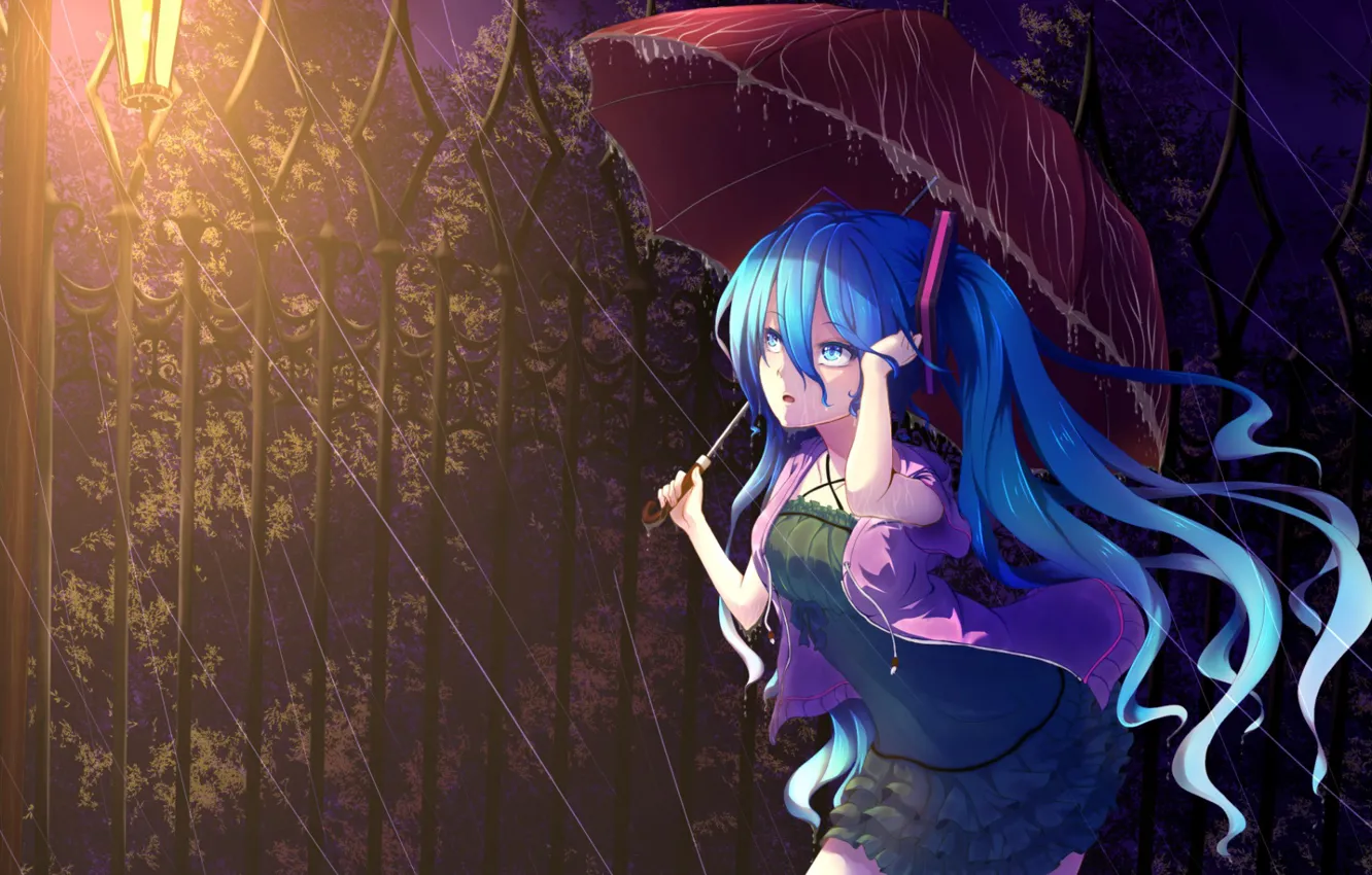 Photo wallpaper girl, night, rain, umbrella, Vocaloid, Hatsune Miku