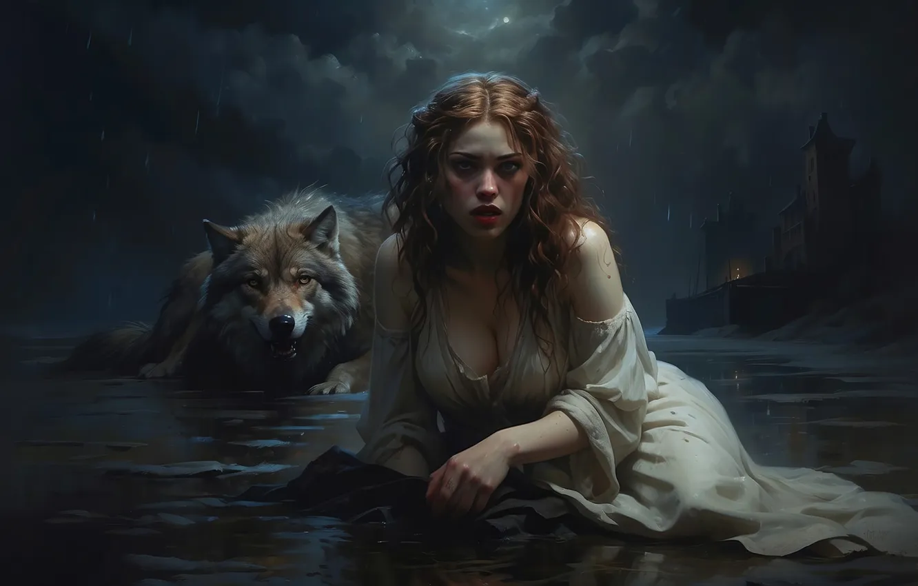 Photo wallpaper water, girl, wolf