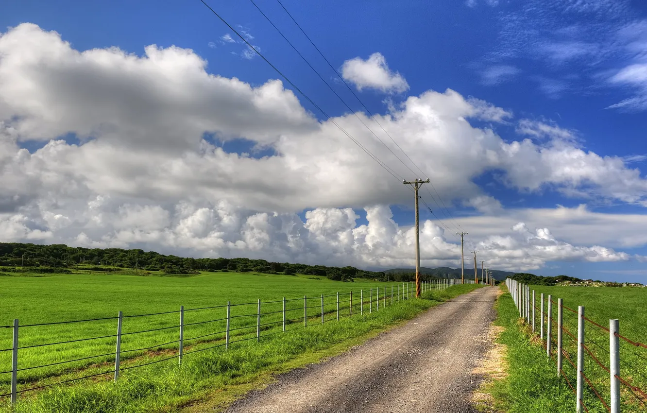 Photo wallpaper road, field, clouds