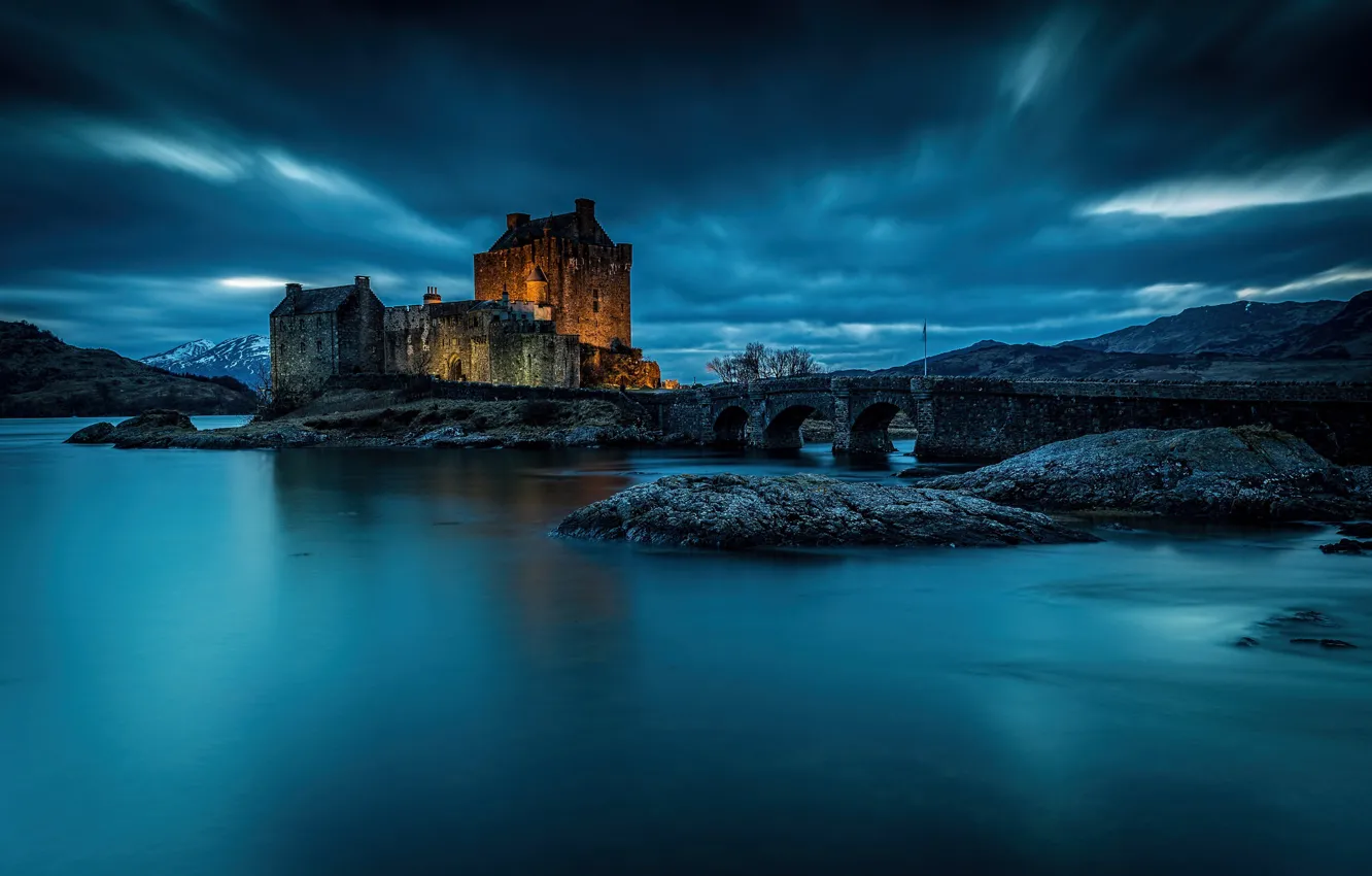 Photo wallpaper water, night, bridge, castle, Scotland, Scotland, the fjord, Eilean Donan Castle