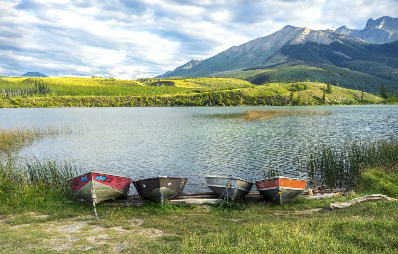 Photo wallpaper clouds, mountains, lake, hills, boat, pond