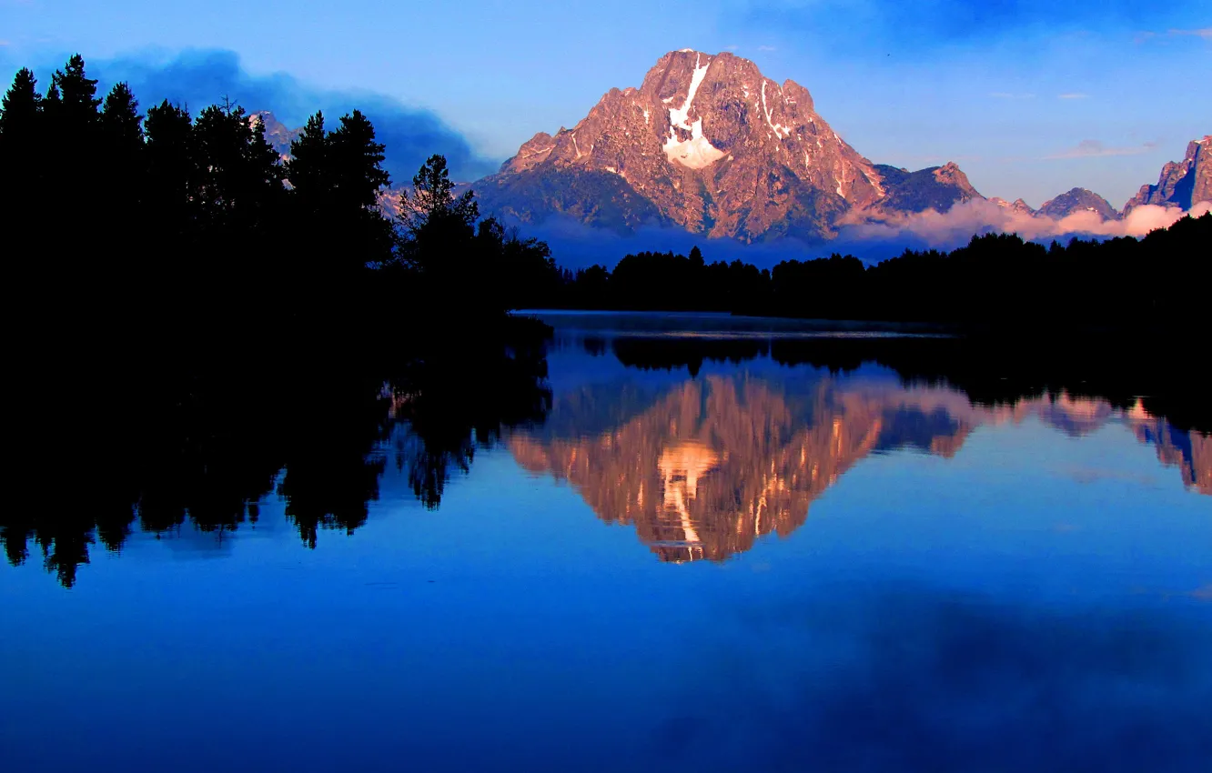 Photo wallpaper the sky, trees, sunset, mountains, fog, lake, Wyoming, USA