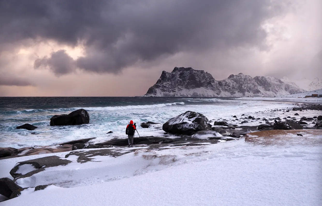 Photo wallpaper sea, storm, shore, Norway, Nordland, Haukland elektronikk