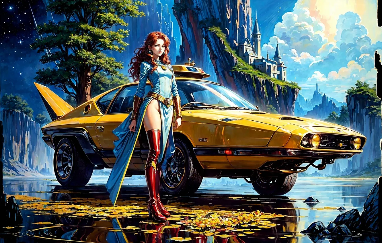 Photo wallpaper machine, leaves, water, girl, clouds, trees, mountains, the city