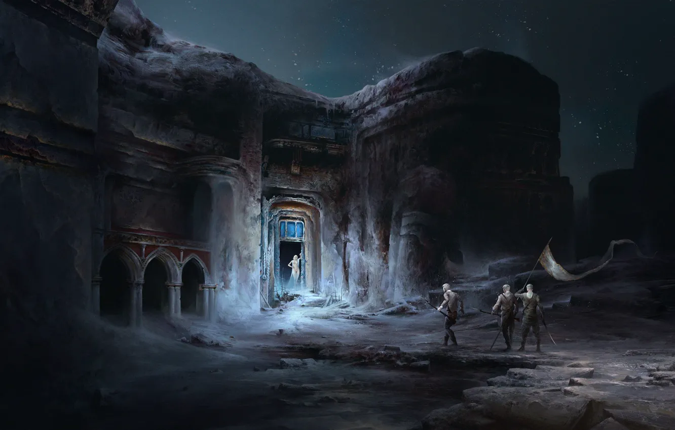 Photo wallpaper Incident in the Blue Mines, construction, cave, people