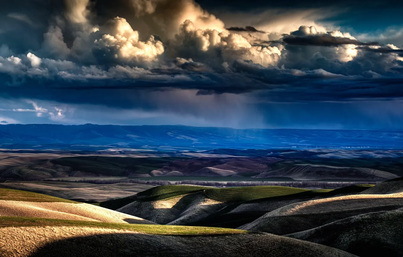 Photo wallpaper the sky, clouds, hills, view