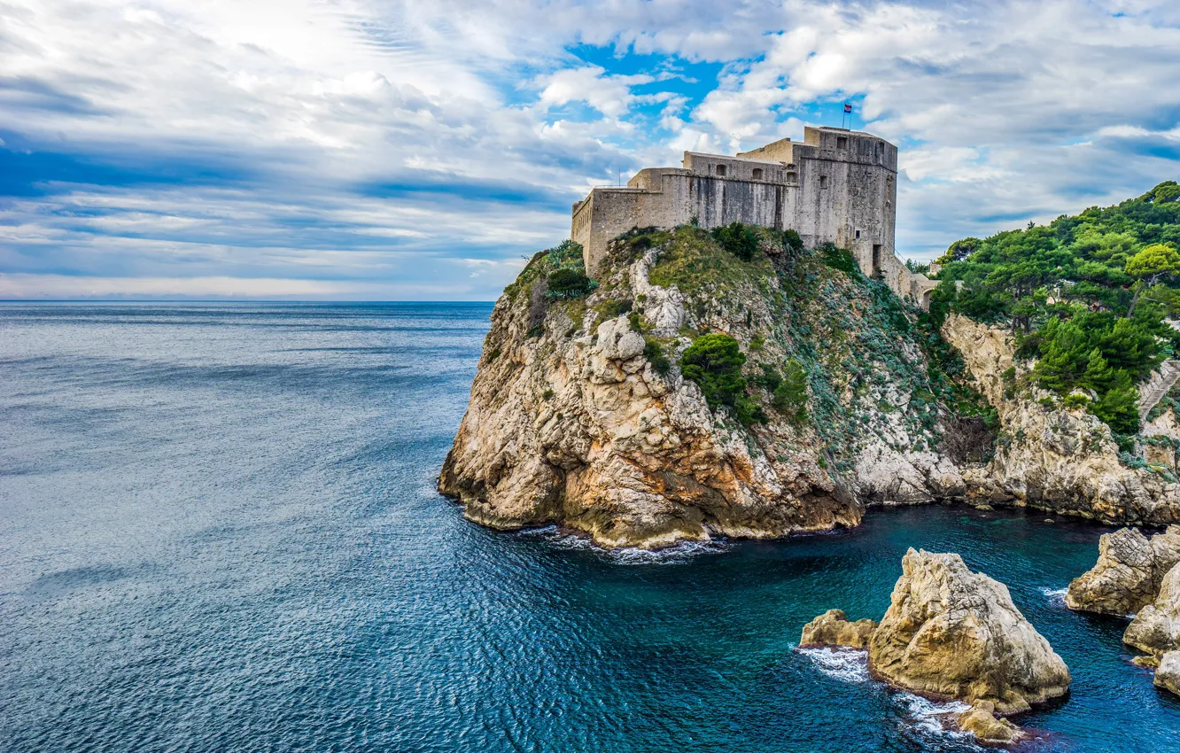 Photo wallpaper sea, the sky, clouds, trees, stones, castle, rocks, shore
